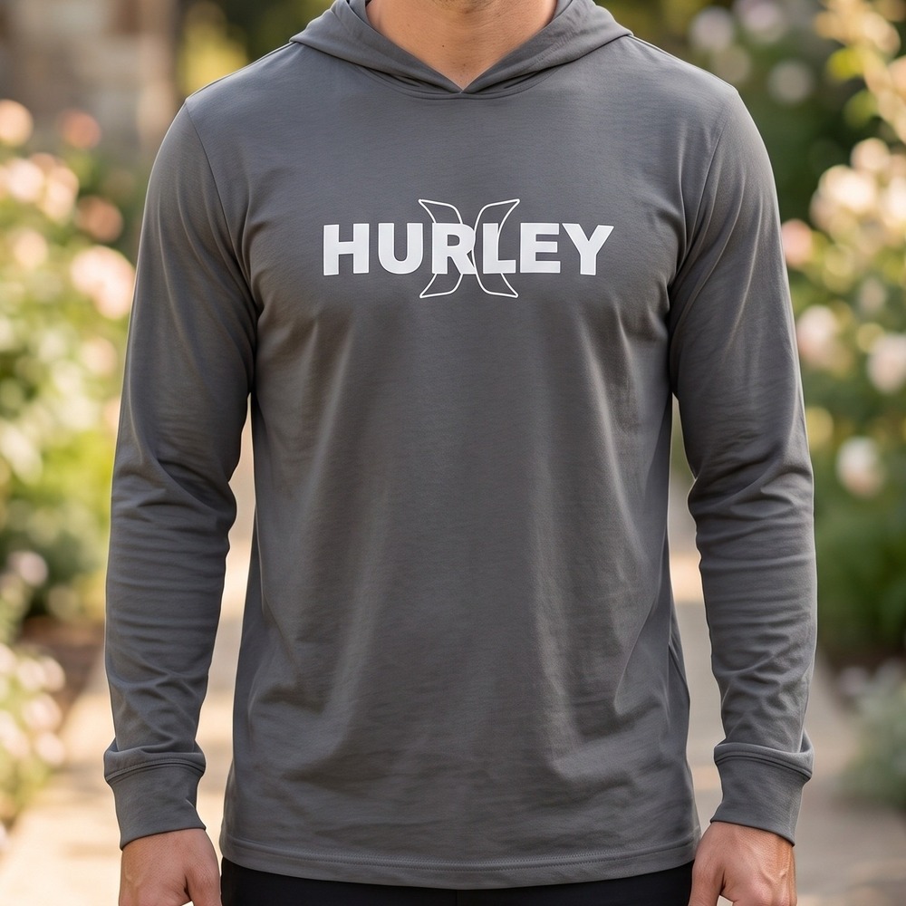 Hurley Mens Long Sleeve Hooded Graphic T-Shirt Charcoal Grey 100% Cotton 6257